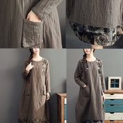 winter warm khaki prints patchwork cotton dresses linen plus size casual long sleeve thick dress