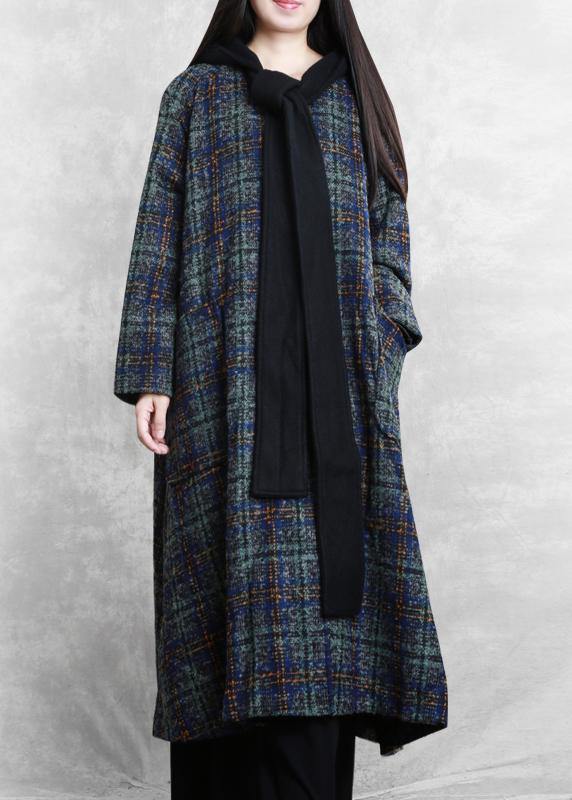 women Loose fitting long coats blue plaid hooded patchwork Woolen Coats - bagstylebliss