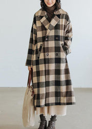 women Loose fitting medium length coat Plaid pockets Notched Woolen Coats - bagstylebliss