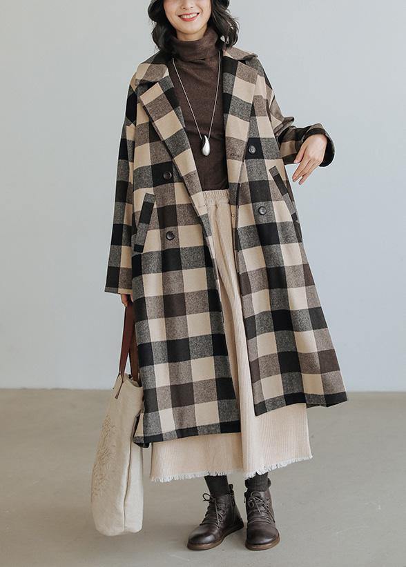 women Loose fitting medium length coat Plaid pockets Notched Woolen Coats - bagstylebliss