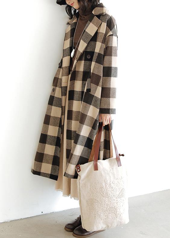 women Loose fitting medium length coat Plaid pockets Notched Woolen Coats - bagstylebliss