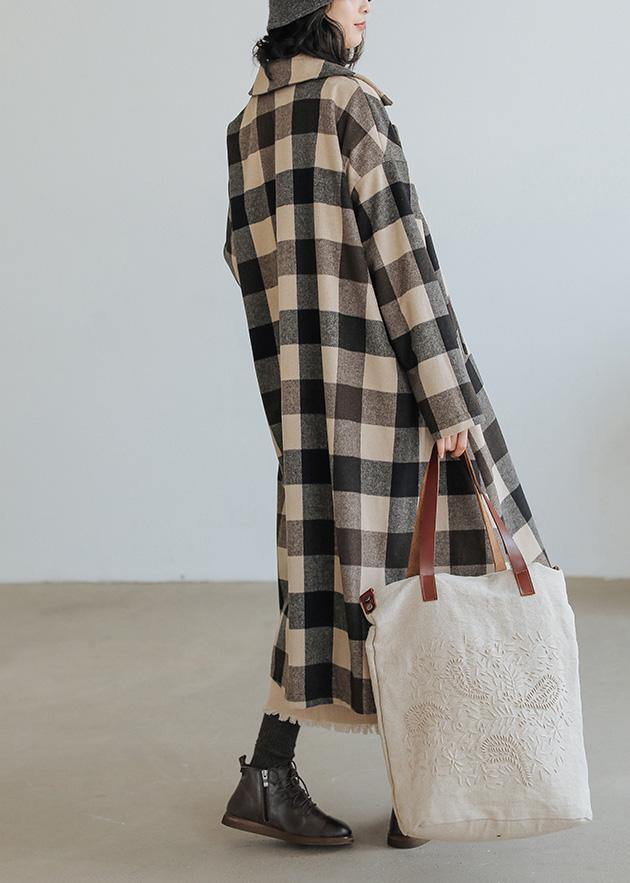 women Loose fitting medium length coat Plaid pockets Notched Woolen Coats - bagstylebliss