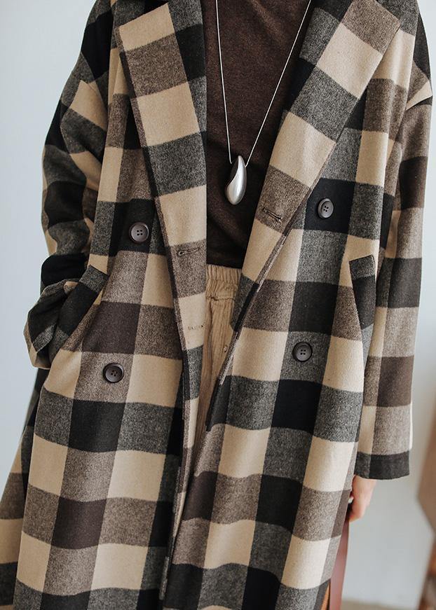 women Loose fitting medium length coat Plaid pockets Notched Woolen Coats - bagstylebliss