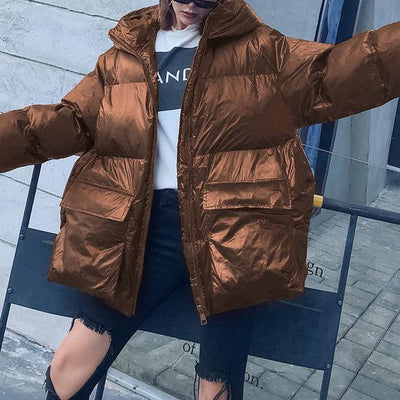 women Loose fitting snow jackets Jackets chocolate hooded zippered goose Down coat - bagstylebliss