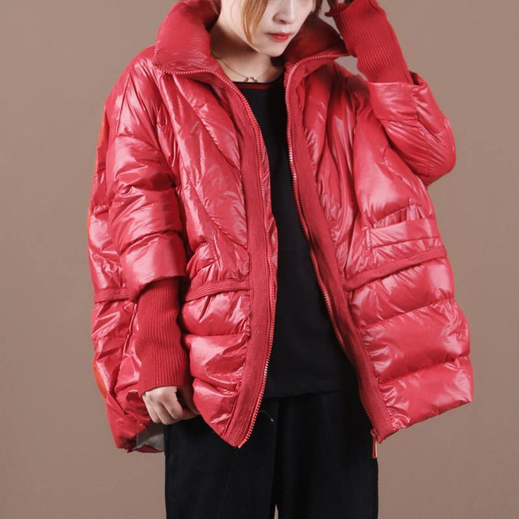 women Loose fitting snow jackets coats red stand collar patchwork down coat winter - bagstylebliss