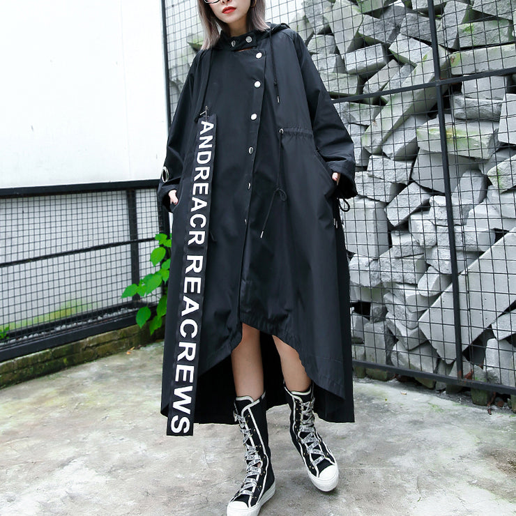 Frauen schwarzer Mantel plus Größe asymmetrischer Trenchcoat mit Kapuze Frauen Krawatte Taille Druck Mäntel