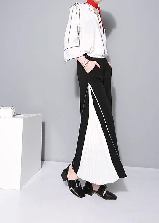 women black chiffon patchwork pants loose casual wide leg pants - bagstylebliss