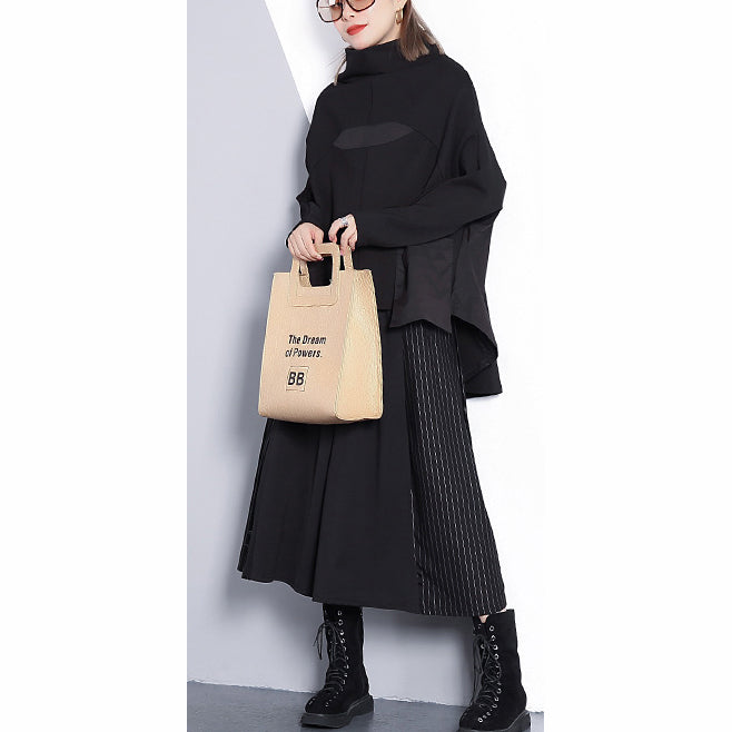 women black cotton blended blouse plus size Turtleneck pockets women batwing Sleeve patchwork cotton blended t shirt