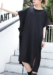 women black cotton dress plus size clothing big pockets cotton gown Elegant side open kaftans