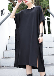 women black cotton dress plus size clothing big pockets cotton gown Elegant side open kaftans