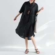 Frauen schwarzes Kleid aus natürlicher Baumwolle in Übergröße Kleidung Kleider 2018 Halbarm Stehen Kleid aus natürlicher Baumwolle