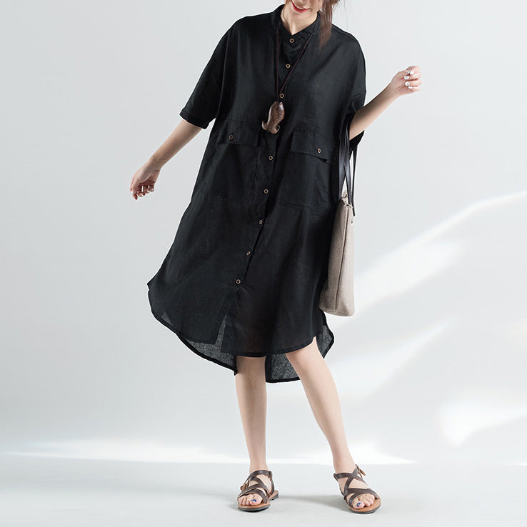 women black natural cotton dress oversize clothing dresses 2018 half sleeve Stand natural cotton dress