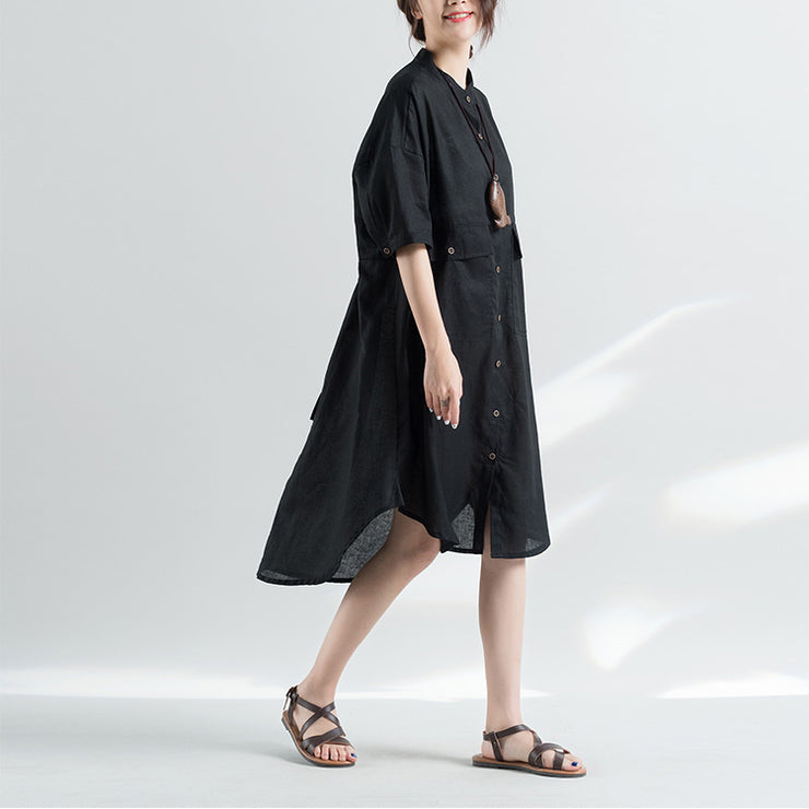 Frauen schwarzes Kleid aus natürlicher Baumwolle in Übergröße Kleidung Kleider 2018 Halbarm Stehen Kleid aus natürlicher Baumwolle