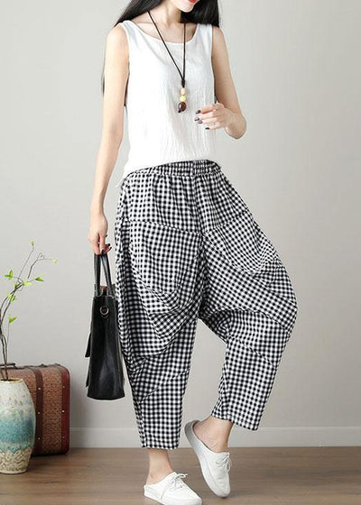 women black plaid casual cotton pants plus size big pockets crop pants - bagstylebliss