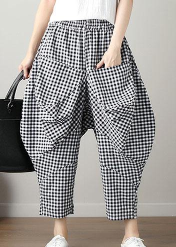 women black plaid casual cotton pants plus size big pockets crop pants - bagstylebliss