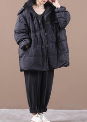 women black warm winter coat plus size down jacket hooded zippered Jackets - bagstylebliss