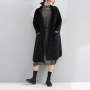 women black wool coat plus size trench coat fall Square Collar tie waist - bagstylebliss