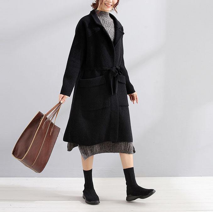 women black wool coat plus size trench coat fall Square Collar tie waist - bagstylebliss