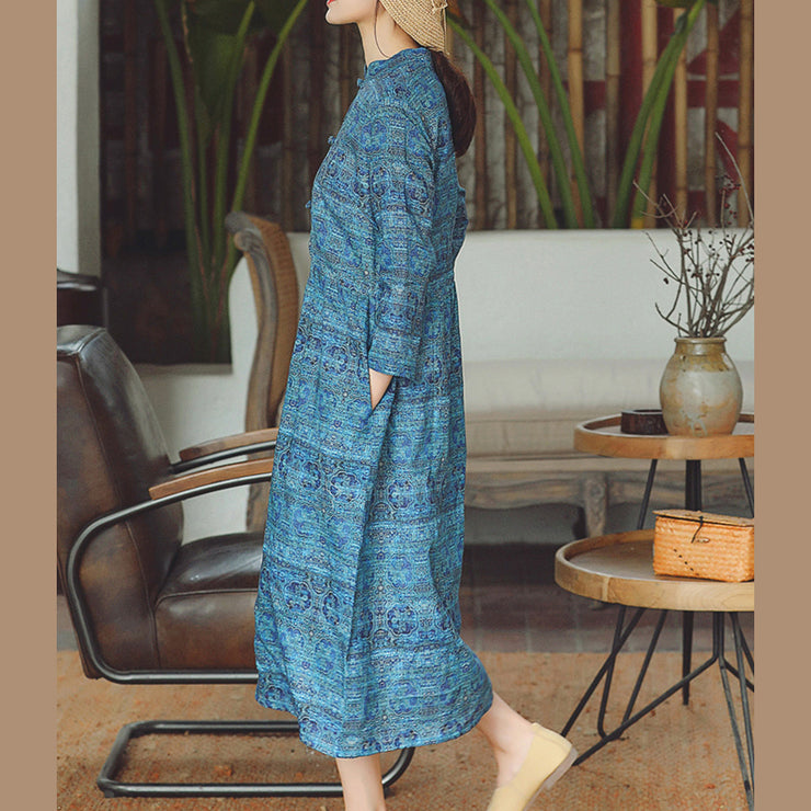 women blue print Midi-length cotton linen dress trendy plus size cotton linen dresses Stand natural cotton linen dress