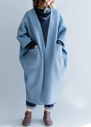 women blue wool overcoat Loose fitting long winter coat fall jackets Batwing Sleeve - bagstylebliss
