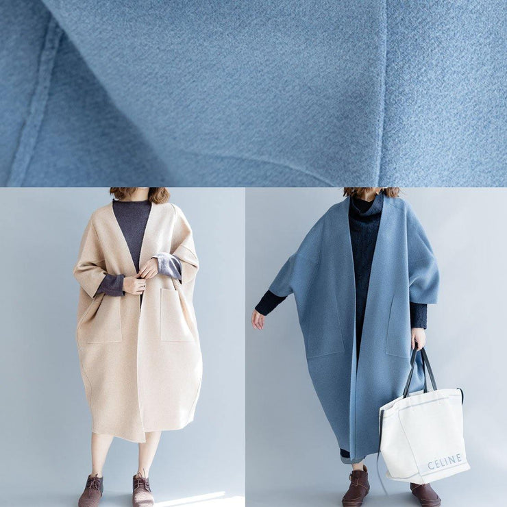 women blue wool overcoat Loose fitting long winter coat fall jackets Batwing Sleeve - bagstylebliss