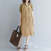 women brown linen dress oversize linen dress boutique short sleeve pockets Turn-down Collar linen dress