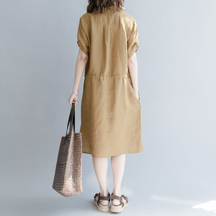 women brown linen dress oversize linen dress boutique short sleeve pockets Turn-down Collar linen dress