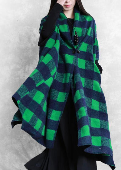 women casual Jackets & Coats green plaid Batwing Sleeve patchwork wool overcoat - bagstylebliss