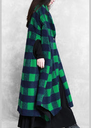 women casual Jackets & Coats green plaid Batwing Sleeve patchwork wool overcoat - bagstylebliss