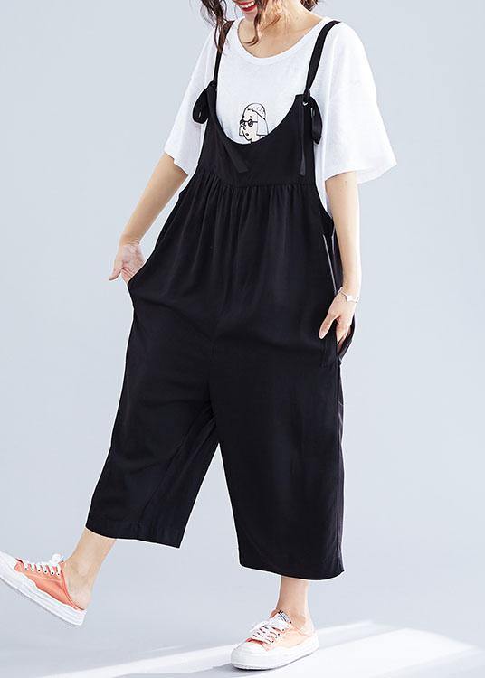 women casual cotton black jumpsuit plus size loose straps wide leg pants - bagstylebliss