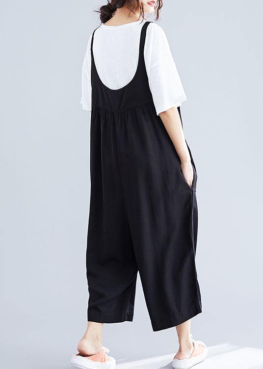 women casual cotton black jumpsuit plus size loose straps wide leg pants - bagstylebliss