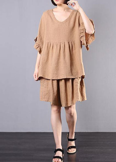 women casual cotton linen khaki two pieces ruffles sleeve blouse with fashion shorts - bagstylebliss