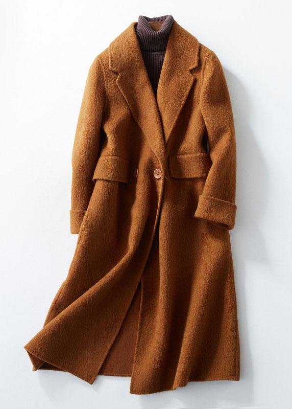 women casual long coats pockets coats brown Notched wool coat - bagstylebliss