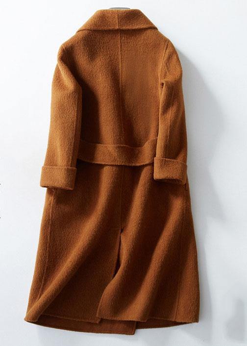 women casual long coats pockets coats brown Notched wool coat - bagstylebliss