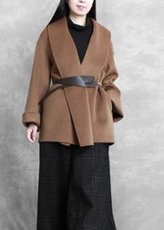 women casual mid-length coats winter woolen outwear brown tie waist trumpet sleeves overcoat - bagstylebliss