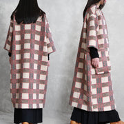 women casual trench coat coat nude plaid pockets Button wool coat for woman - bagstylebliss