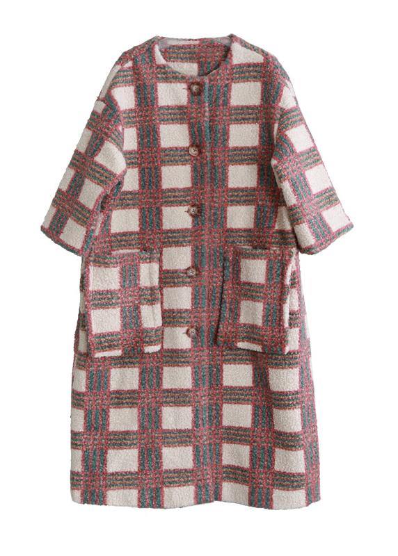 women casual trench coat coat nude plaid pockets Button wool coat for woman - bagstylebliss