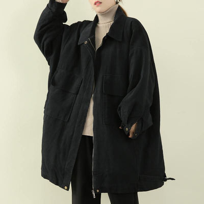 women casual warm winter coat black lapel zippered coat - bagstylebliss