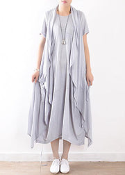 women cotton blended light blue striped long dress with sleeveless coats - bagstylebliss