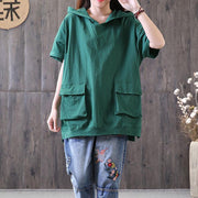 women cotton blouse oversized Casual Hooded Short Sleeve Pullover Cotton Green Tops