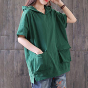 women cotton blouse oversized Casual Hooded Short Sleeve Pullover Cotton Green Tops