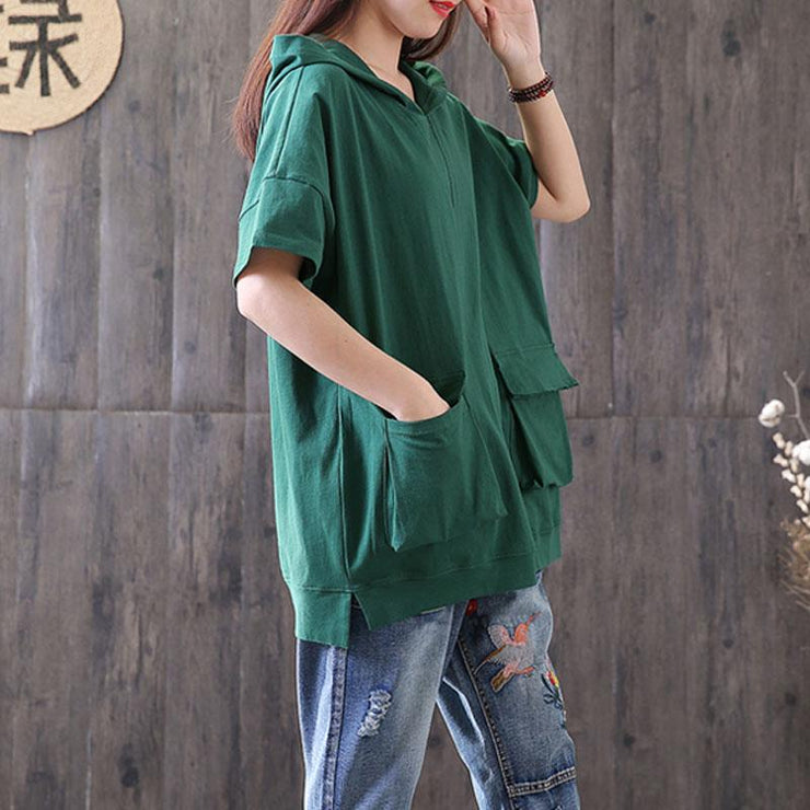 women cotton blouse oversized Casual Hooded Short Sleeve Pullover Cotton Green Tops