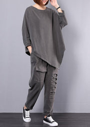 women cotton gray asymmetric tops and big pockets sport pants two pieces - bagstylebliss