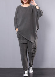 women cotton gray asymmetric tops and big pockets sport pants two pieces - bagstylebliss