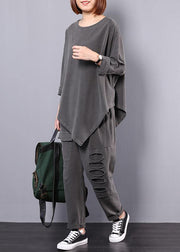 women cotton gray asymmetric tops and big pockets sport pants two pieces - bagstylebliss
