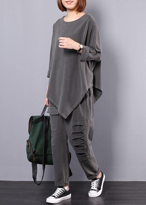 women cotton gray asymmetric tops and big pockets sport pants two pieces - bagstylebliss