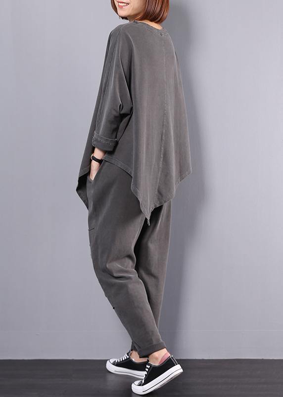 women cotton gray asymmetric tops and big pockets sport pants two pieces - bagstylebliss