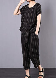 women cotton linen black striped two pieces short sleeve blouse and drawstring elastic waist pants - bagstylebliss