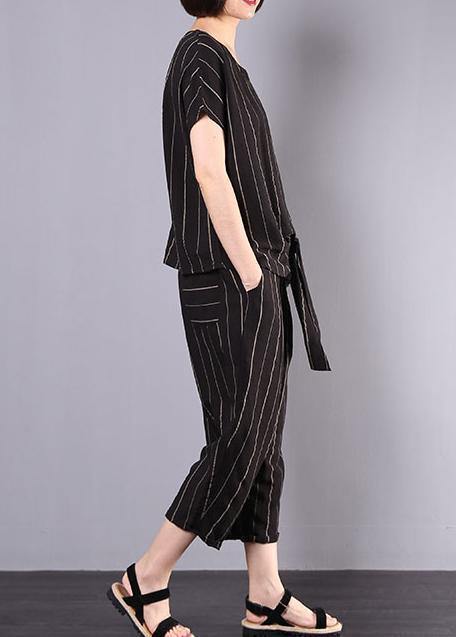 women cotton linen black striped two pieces short sleeve blouse and drawstring elastic waist pants - bagstylebliss