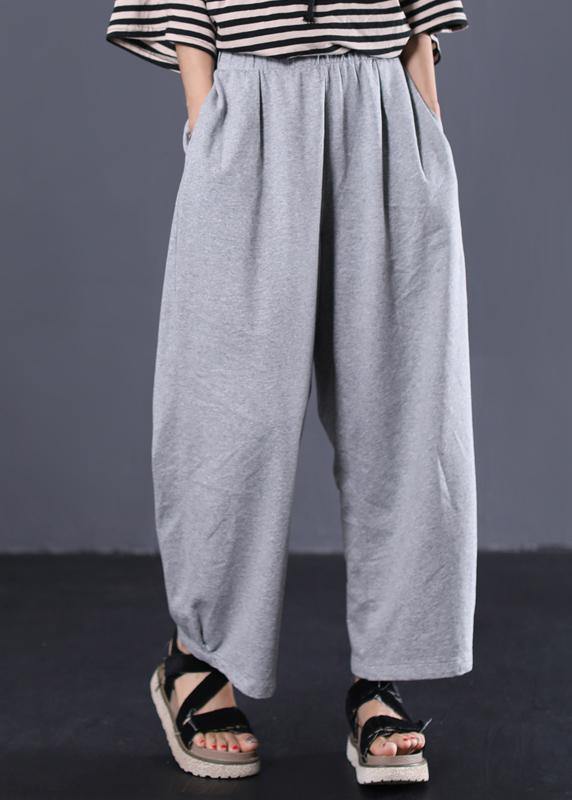 women cotton solid color casual pants elastic waist gray wide leg pants - bagstylebliss